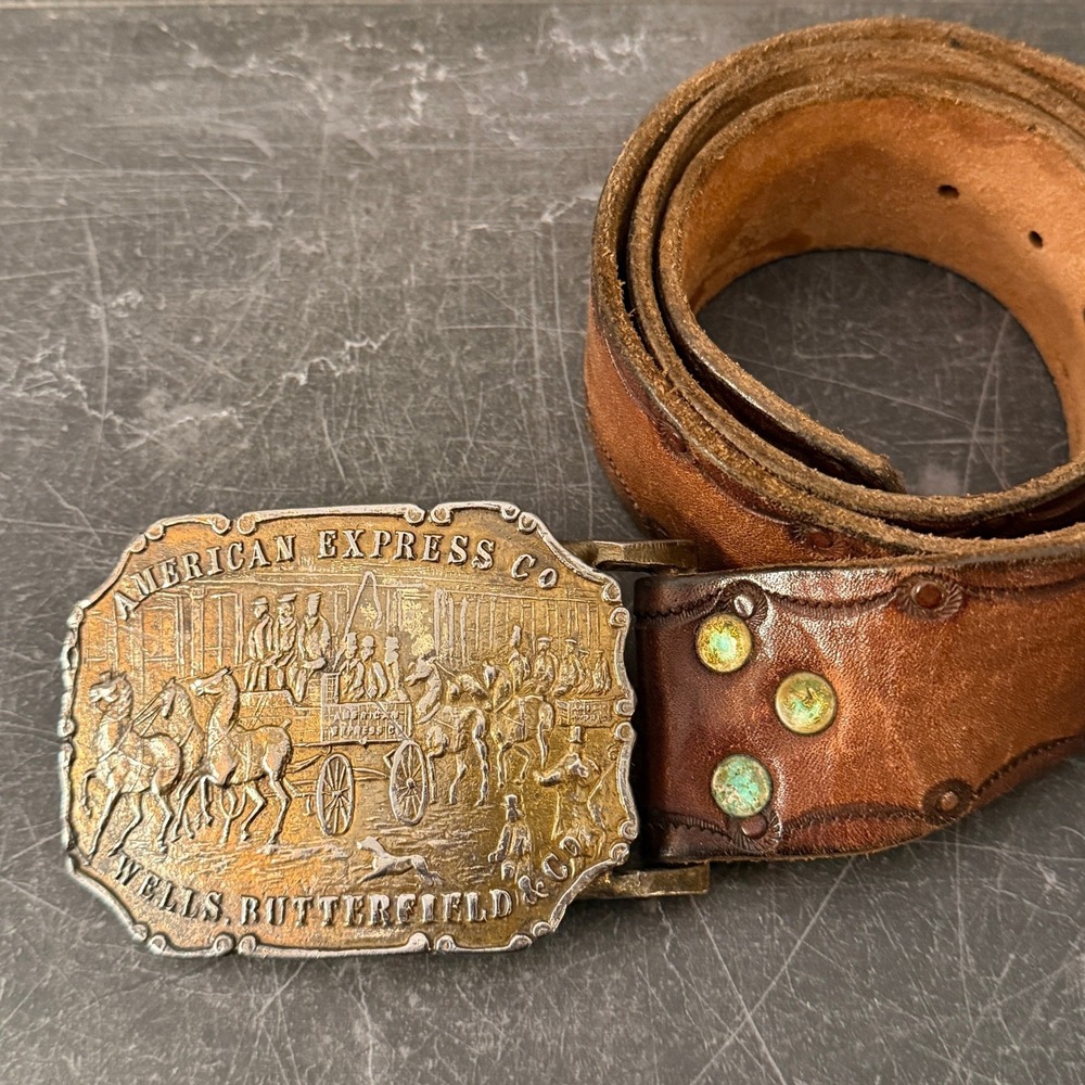 Vintage American Express Wells Butterfield Belt Buckle & Brown Leather Belt